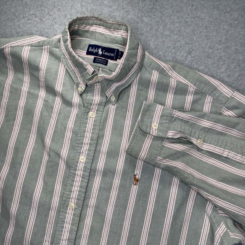 Ralph Lauren Yarmouth Button Down Shirt Mens 16-34 Green Striped Flesh Pony